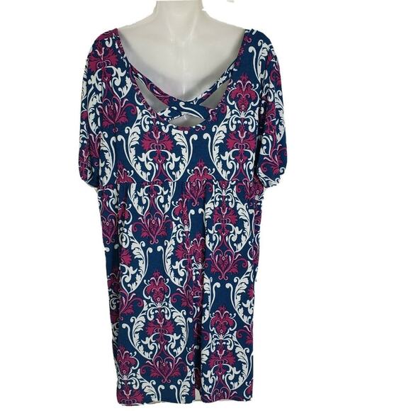 Honeyme Curvy Womens Tunic Top Size XXL Paisley Print Teal Magenta Short Sleeve - Picture 2 of 9
